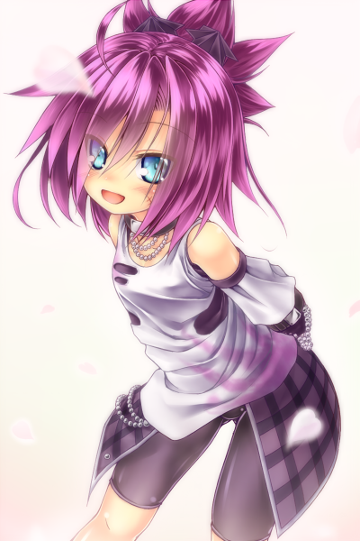 1girl, ahoge, arms_behind_back, bead_necklace, beads, bike_shorts, blue_eyes, bow