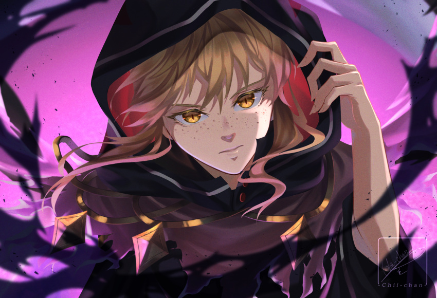 1girl, arm_up, artist_name, aura, baggy_clothes, black_robe, blonde_hair, brown_cape, buttons, cape, chii_chan_art, choppy_bangs, closed_mouth, clothes_grab, dark_aura, debris, diamond_(shape), energy, floating_hair, freckles, from_above, gradient_background, highres, hood, hood_grab, hooded_robe, jewelry, long_hair, long_sleeves, looking_ahead, looking_at_viewer, pendant, pink_background, rachel_(tower_of_god), robe, serious, shinsoo_(tower_of_god), sidelocks, signature, torn_cape, torn_clothes, tower_of_god, tower_of_god:_great_journey, unbuttoned, upper_body, wide_sleeves, wind, yellow_eyes