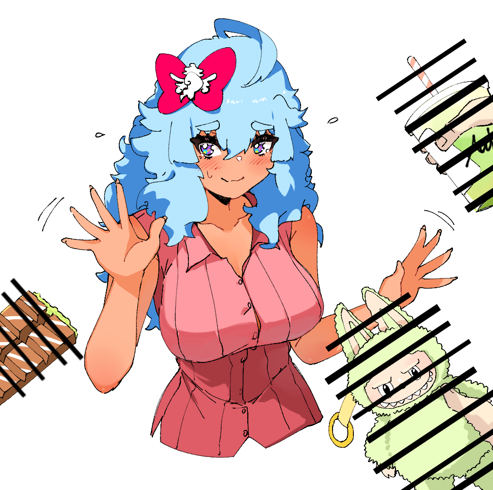 1girl, 2others, archives.gokulism, bar_censor, blue_hair, bow, candy, censored