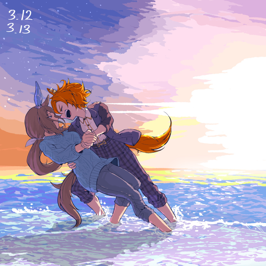 2girls, absurdres, admire_vega_(umamusume), arm_around_back, backlighting, belt, blue_sweater, brown_hair