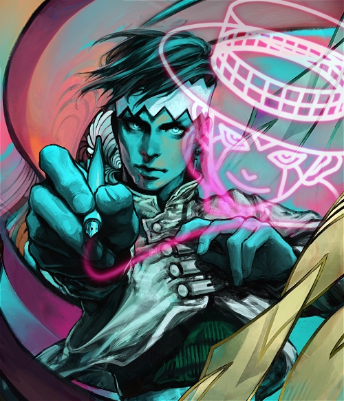 drawing, headband, heaven's_door, heaven's_door, jojo_no_kimyou_na_bouken, kishibe_rohan, male, p-p, pen, solo, stand_(jojo)