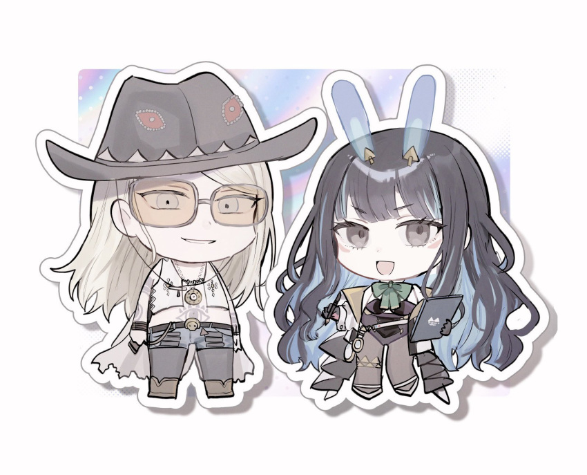 animal_ears, black_hair, black_leggings, black_leotard, blue_hair, boots, brown_pantyhose, chibi