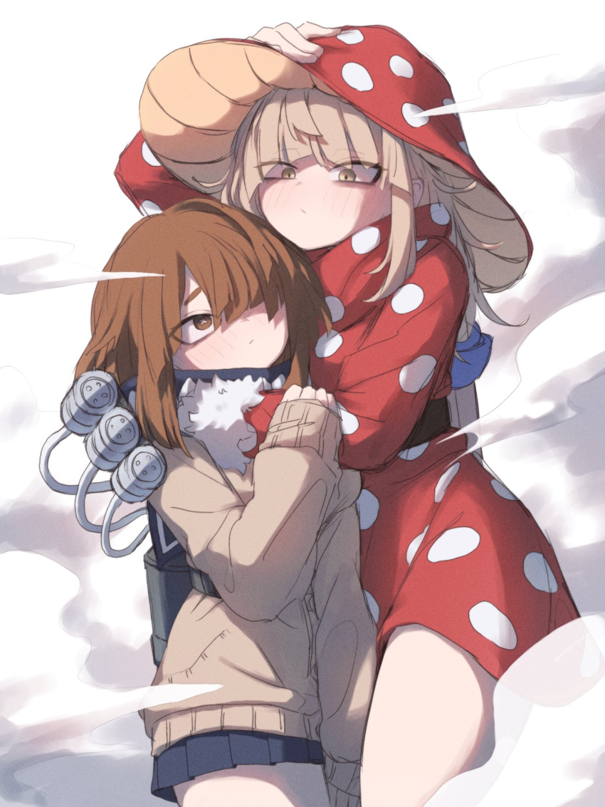 2girls, black_skirt, blonde_hair, boku_no_hero_academia, brown_eyes, brown_hair, commentary_request, cosplay