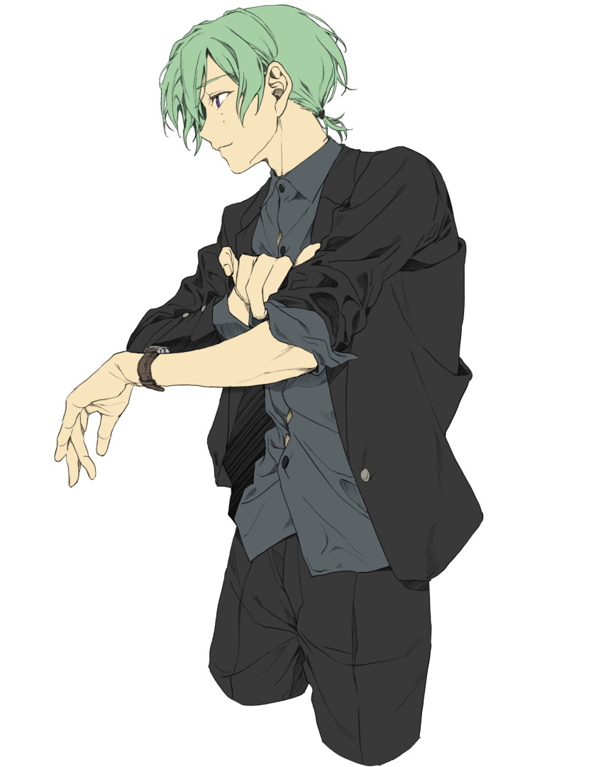 1boy, adjusting_sleeves, black_jacket, black_pants, buttons, closed_mouth, collared_shirt, commentary_request