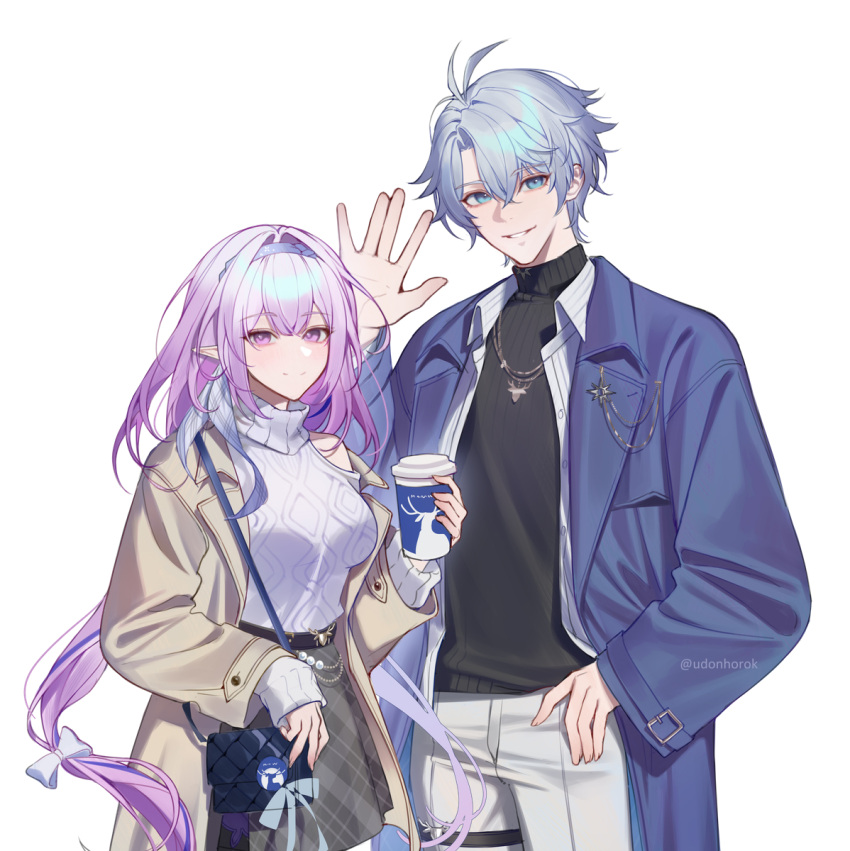 1boy, 1girl, antenna_hair, bag, black_skirt, black_sweater, blue_coat, blue_eyes, blue_hairband, breasts, brown_coat, castorice_(honkai:_star_rail), castorice_(luckin_coffee)_(honkai:_star_rail), clothing_cutout, coat, collared_shirt, commentary_request, cowboy_shot, cup, disposable_coffee_cup, disposable_cup, grey_hair, hair_between_eyes, hairband, hand_up, handbag, highres, holding, holding_cup, honkai:_star_rail, honkai_(series), jewelry, long_hair, long_sleeves, looking_at_viewer, low-tied_long_hair, low_twintails, male_focus, medium_breasts, necklace, official_alternate_costume, open_clothes, open_coat, open_shirt, pants, parted_lips, phainon_(honkai:_star_rail), phainon_(luckin_coffee)_(honkai:_star_rail), pointy_ears, purple_hair, shirt, short_hair, shoulder_cutout, simple_background, skirt, smile, sweater, turtleneck, turtleneck_sweater, twintails, twitter_username, udonhorok, very_long_hair, violet_eyes, waving, white_background, white_pants, white_sweater