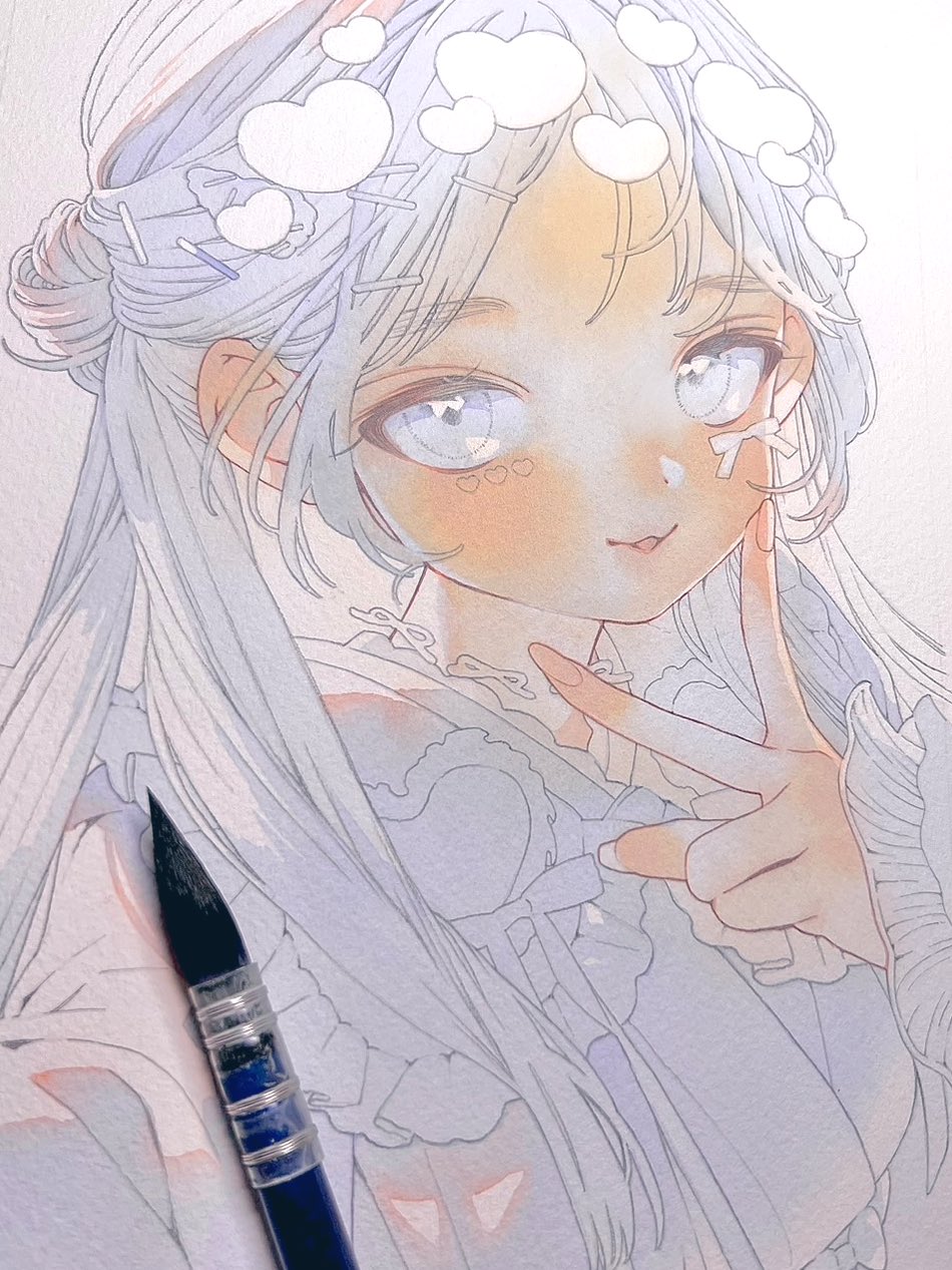 1girl, art_tools_in_frame, close-up, facial_mark, heart, heart_facial_mark, highres, long_hair