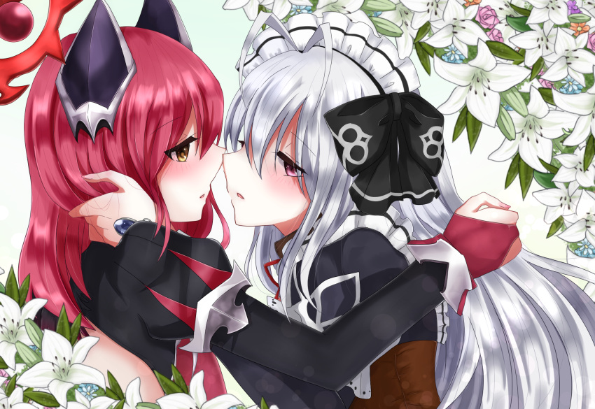 2girls, antenna_hair, black_dress, black_ribbon, blush, brown_corset, corset, dress