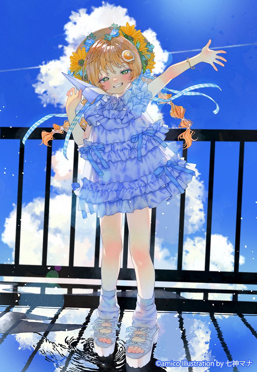 1girl, amiami_(company), blonde_hair, blue_sky, blush, braid, clouds, dress