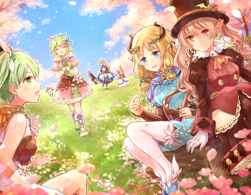 6+girls, :d, ^_^, antennae, argyle_clothes, ascot, black_hat, blonde_hair, blue_cape, blue_dress, blue_eyes, blue_gemstone, blue_shoes, blue_sky, boots, braid, brown_dress, buttons, cape, capelet, cherry_blossoms, clorica_(rune_factory), closed_eyes, closed_mouth, cross, cross_earrings, day, dolce_(rune_factory), dress, earrings, elf, flower, footwear_ribbon, forte_(rune_factory), frey_(rune_factory), frilled_dress, frills, fur-trimmed_capelet, fur_scarf, fur_trim, gem, gloves, grass, green_boots, green_eyes, green_hair, grey_eyes, grey_hair, hair_ornament, hair_ribbon, happy, hat, high_ponytail, highres, hina_cassiopeia, holding, holding_flower, holding_instrument, instrument, jewelry, kohaku_(rune_factory), lace-up_boots, layered_sleeves, light_blush, log, long_dress, long_hair, long_sleeves, looking_at_another, looking_to_the_side, margaret_(rune_factory), multiple_girls, on_grass, open_mouth, orange_ascot, outdoors, pantyhose, parted_lips, petals, pink_capelet, pink_eyes, pink_flower, pink_hair, pink_skirt, pointy_ears, ponytail, profile, puffy_short_sleeves, puffy_sleeves, purple_hair, purple_ribbon, ribbon, rune_factory, rune_factory_4, shoes, short_dress, short_hair, short_over_long_sleeves, short_sleeves, sitting, sitting_on_log, skirt, skull_brooch, sky, smile, standing, tiara, top_hat, tree, twin_braids, twintails, very_long_hair, visor_(armor), walking, white_gloves, white_pantyhose, white_ribbon, xiao_pai