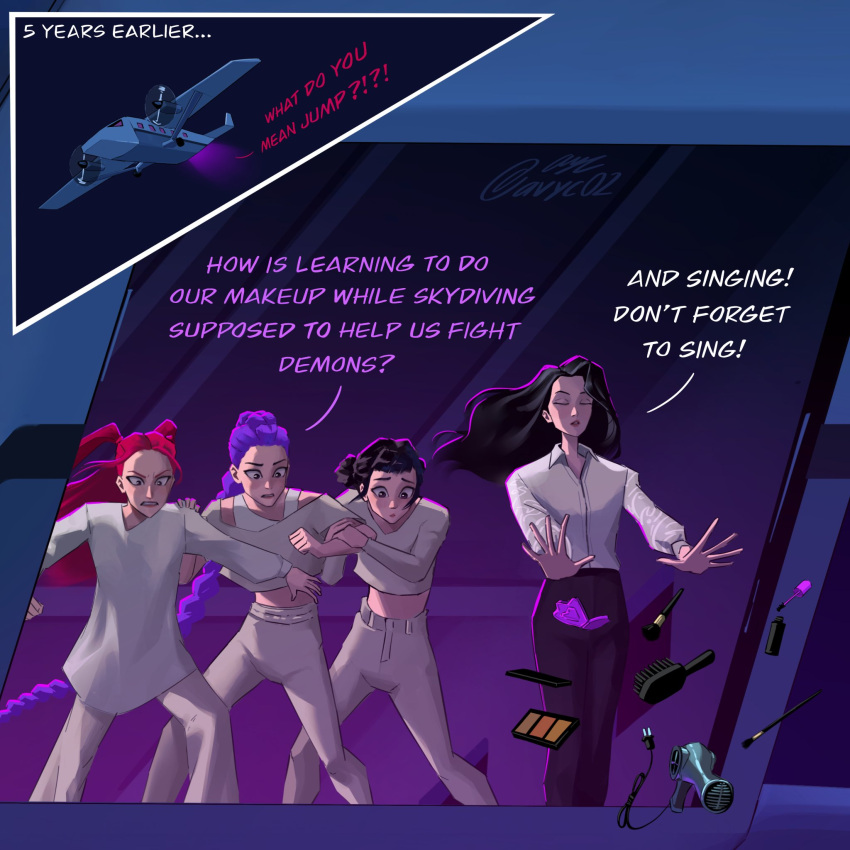 4girls, aircraft, airplane, avyc02, black_hair, celine_(kpop_demon_hunters), comb, english_text