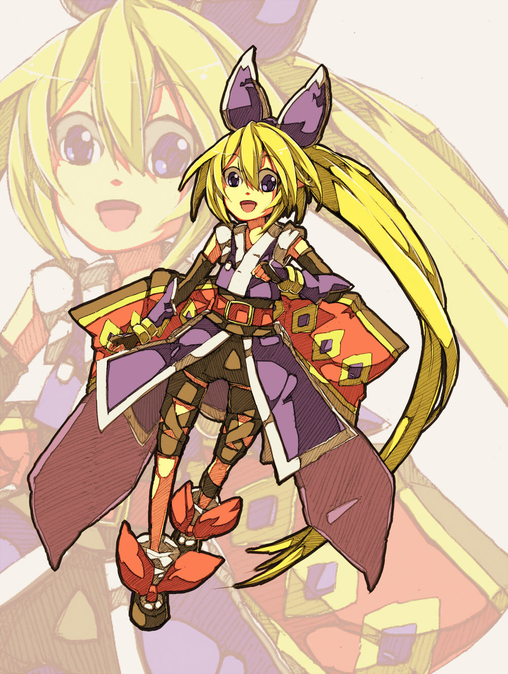 blonde_hair, blue_eyes, bow, elbow_gloves, fingerless_gloves, gauntlets, gloves, hair_bow