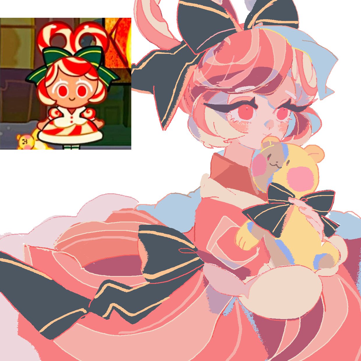 1girl, back_bow, black_bow, bow, closed_mouth, collared_dress, commentary, cookie_run