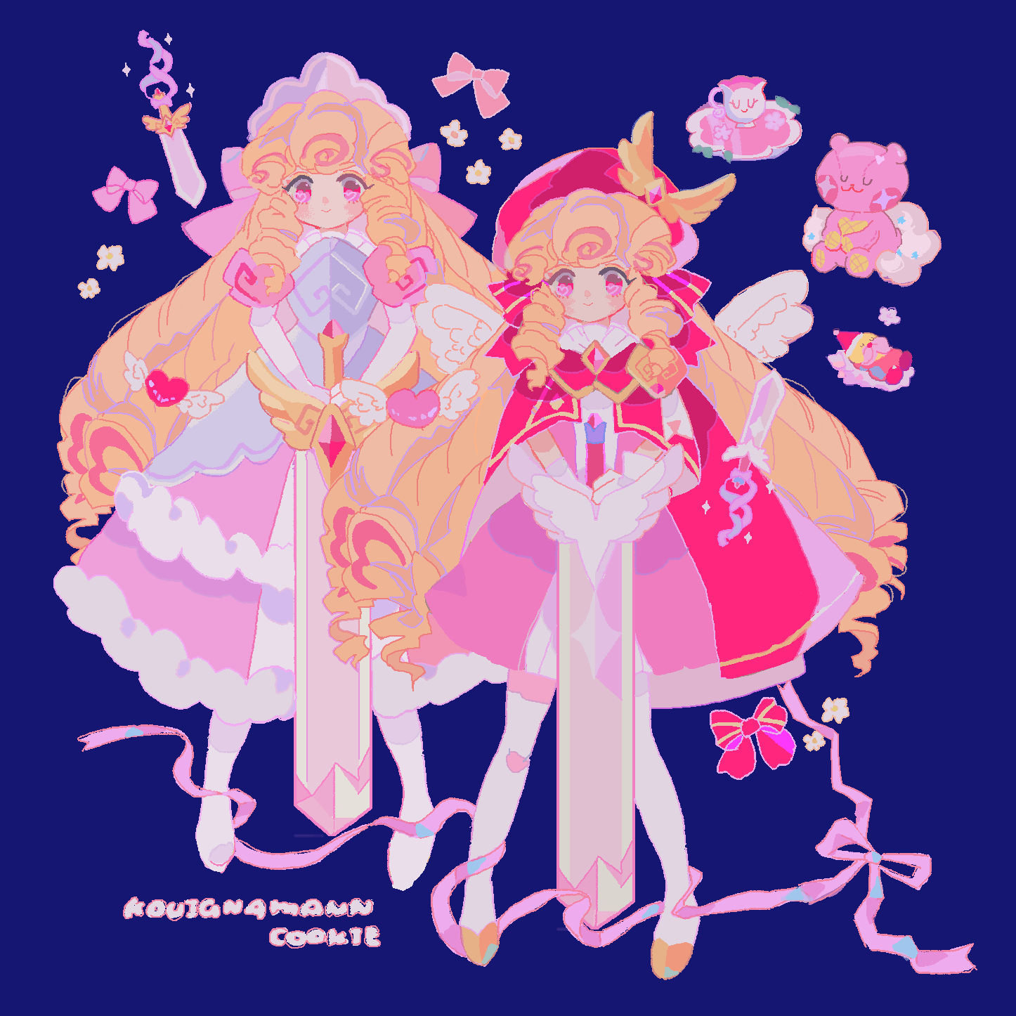 2girls, armor, big_hair, blonde_hair, blue_background, boots, bow, character_name, closed_mouth, commentary, cookie_run, cookie_run:_kingdom, cup, dress, drill_hair, dual_persona, elbow_gloves, feathered_wings, film_grain, flower, frilled_dress, frills, full_body, gloves, hat, heart, highres, holding, holding_sword, holding_weapon, humanization, jacket, jacket_on_shoulders, kouign-amann_cookie, kouign-amann_cookie_(pride_of_the_academy), legs_apart, long_dress, long_hair, looking_at_viewer, multicolored_hair, multiple_girls, official_alternate_costume, pink_bear_jelly, pink_bow, pink_dress, pink_eyes, pink_hair, pink_hat, pink_jacket, pink_ribbon, puffy_short_sleeves, puffy_sleeves, reed, ribbon, short_dress, short_sleeves, silver_tiara, simple_background, smile, standing, straight-on, streaked_hair, sugar_gnome, sword, symbol-only_commentary, two-handed, two-tone_hair, very_long_hair, weapon, white_boots, white_flower, white_gloves, white_wings, wings