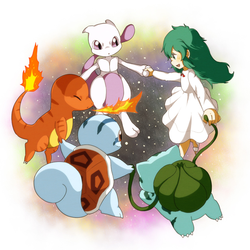 1girl, :o, ambertwo_(pokemon), blush, breath_weapon, breathing_fire, brown_eyes, bud, bulbasaur, bulbasaurtwo, charmander, charmandertwo, closed_eyes, closed_mouth, commentary_request, dress, fire, flame-tipped_tail, go-mikihappy, green_eyes, green_hair, highres, holding_hands, mewtwo, open_mouth, plant, pokemon, pokemon:_the_first_movie_-_mewtwo_strikes_back, pokemon_(anime), pokemon_(classic_anime), pokemon_(creature), smile, squirtle, squirtletwo, starter_pokemon_trio, tail, vines, violet_eyes, white_dress