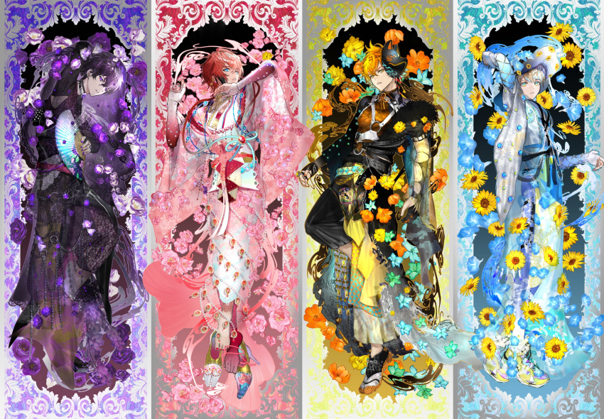 4boys, akagi_wen, alternate_costume, animal_print, aqua_flower, aqua_hair, arm_behind_head, arm_up