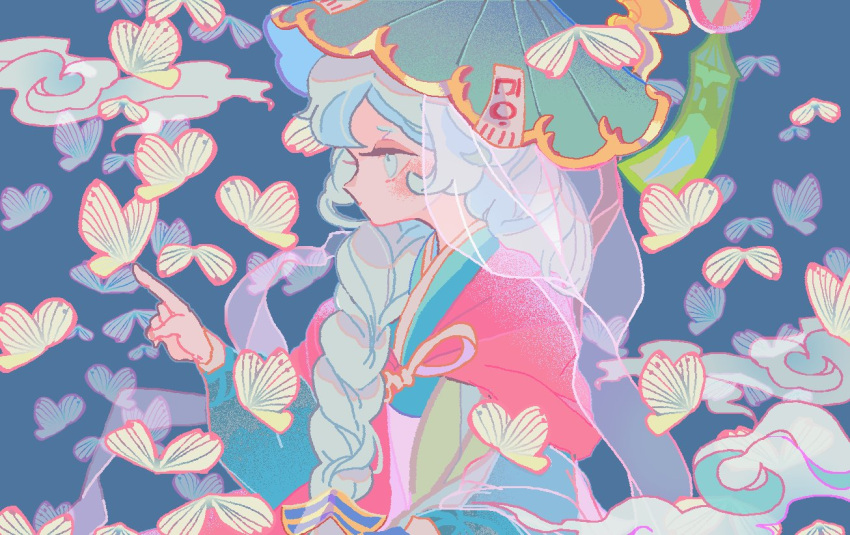 1girl, aqua_hat, blue_background, braid, bug, butterfly, butterfly_on_hand, closed_mouth