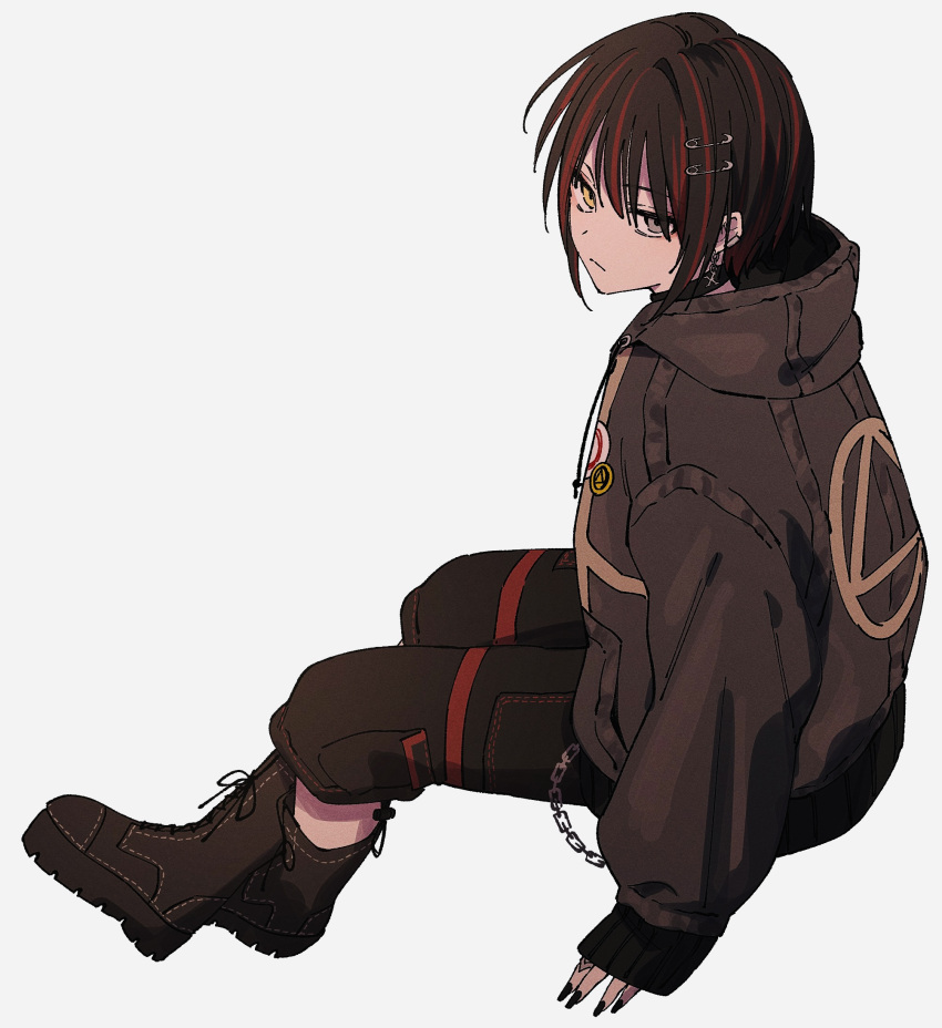 1boy, ankle_boots, black_boots, black_hair, black_hoodie, black_pants, boots, commentary_request