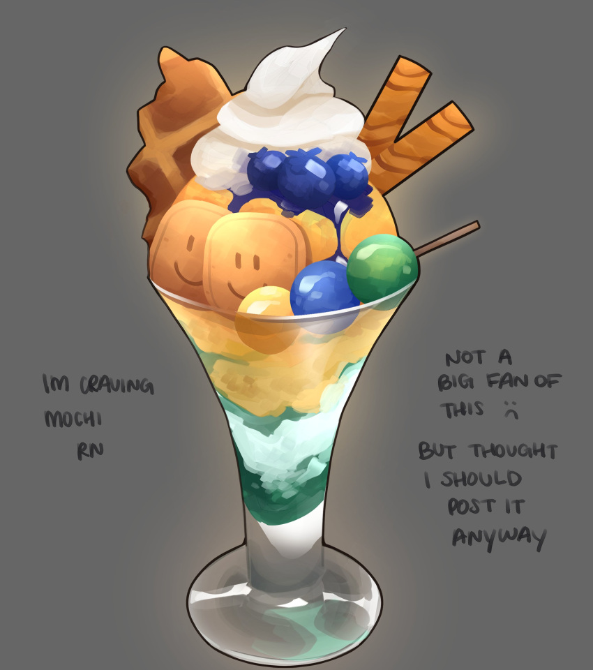 absurdres, blueberry, character-themed_food, commentary, cookie, cream_soda_(soda), dango, food