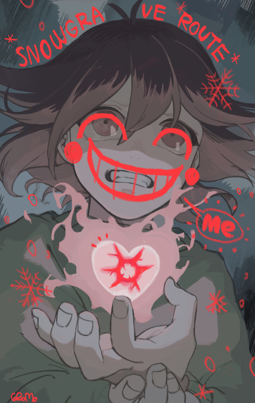 1other, brown_hair, clenched_teeth, corogarucoromo, deltarune, drawn_smile, english_text, fire