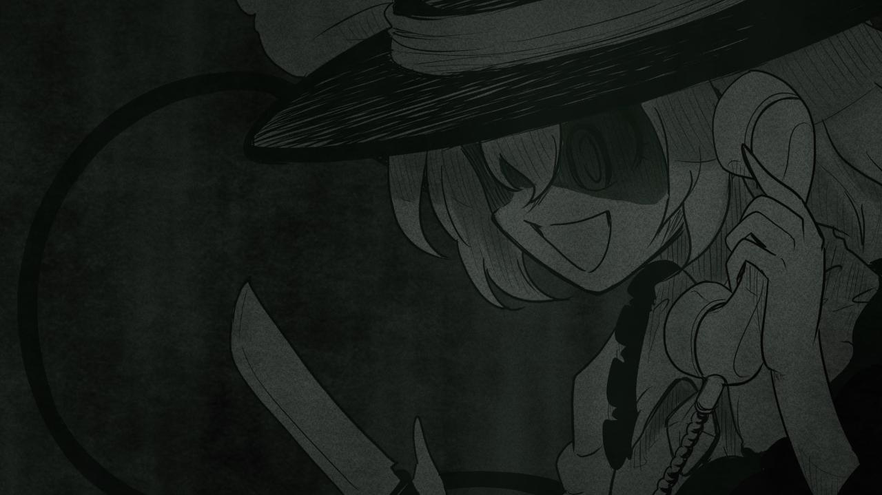 1girl, :d, child, corded_phone, dark, greyscale, hat, hat_ribbon, hatching_(texture), hatching_(texture)_on_eye, holding, holding_knife, joyfull_(terrace), knife, komeiji_koishi, linear_hatching_covered_eyes, monochrome, muisiki_rekuiemu, open_mouth, parody, phone, ribbon, shaded_face, smile, talking_on_phone, touhou, upper_body, urban_legend_in_limbo, yandere