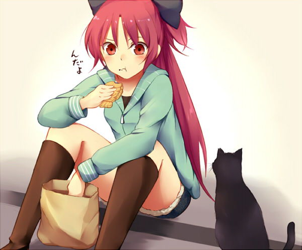 amy_(madoka_magica), bad_id, bag, black_cat, black_cat_(animal), blush, boots, cat