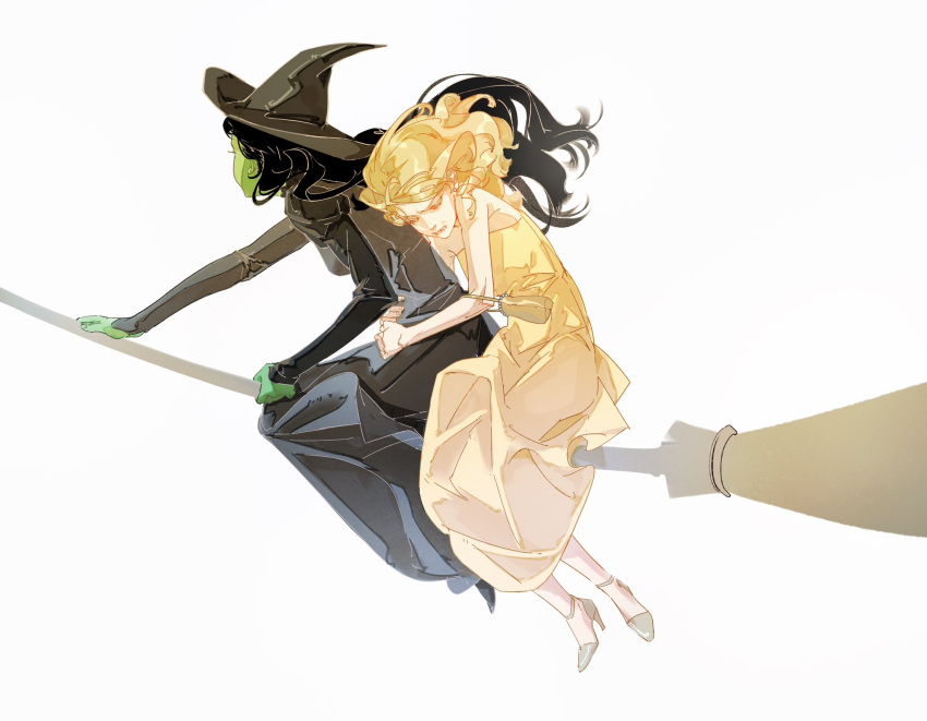 2girls, black_hair, blonde_hair, broom, broom_riding, colored_skin, curly_hair, dress, elphaba_thropp, eyelashes, good_witch_of_the_north, hat, high_heels, highres, juliet_sleeves, long_dress, long_hair, long_sleeves, looking_down, medium_hair, multiple_girls, puffy_sleeves, sitting, siyemmm, sleeveless, sleeveless_dress, white_background, wicked, witch_hat, yellow_dress