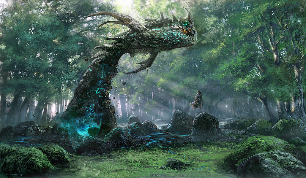 brown_hair, dragon, fantasy, floating, forest, glowing, glowing_eyes, horns, light, makarori_(noah), nature, original, rock, sharp_teeth, tree