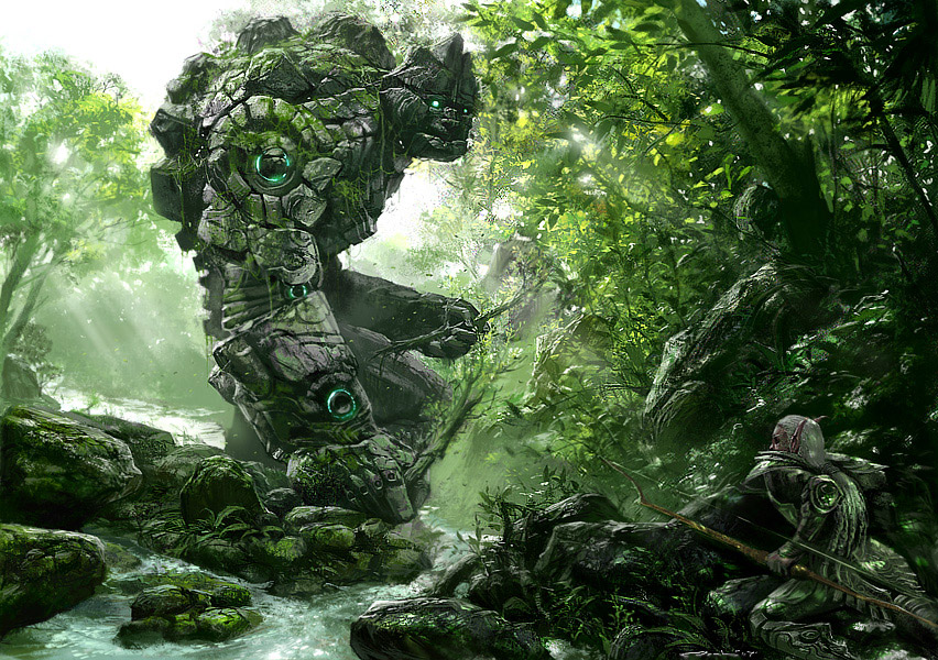 elf, glowing, glowing_eyes, golem, leaf, makarori_(noah), original, pointy_ears