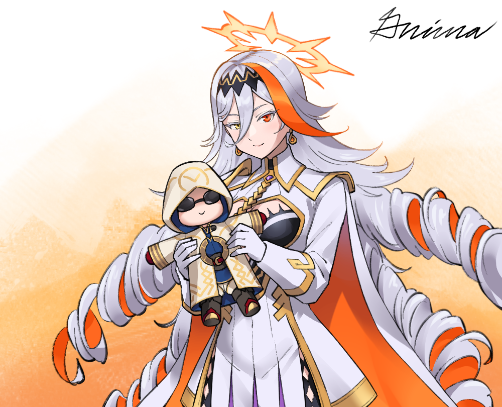 1girl, baldr_(fire_emblem_heroes), breasts, character_doll, commission, doll, earrings, fire_emblem, fire_emblem_heroes, gloves, grimaisbestwaifu, halo, heterochromia, jewelry, kiran_(fire_emblem), ko-fi_commission, large_breasts, long_hair, looking_at_viewer, multicolored_hair, orange_hair, orange_streaks, red_eyes, ringlets, single_hair_streak, streaked_hair, two-tone_cape, two-tone_hair, white_gloves, white_hair, yellow_eyes