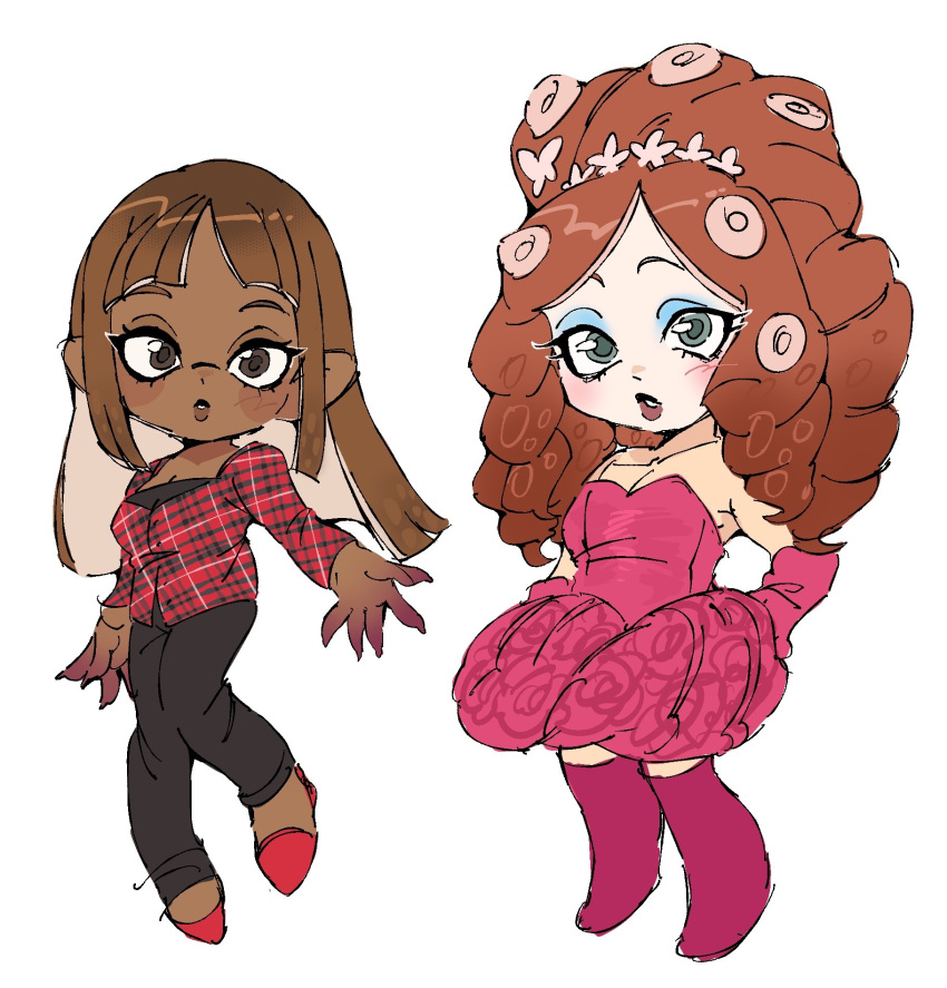 2girls, black_pants, blue_eyeshadow, blush_(makeup), boots, brown_eyes, brown_hair, bubble_skirt, chappell_roan, chappell_roan_(person), curly_hair, dark-skinned_female, dark_skin, dress, eyeshadow, gloves, green_eyes, highres, layered_clothes, long_hair, makeup, multiple_girls, pants, pink_boots, pink_dress, pink_gloves, pinkpantheress, plaid_clothes, plaid_shirt, real_life, red_hair, red_shirt, red_shoes, shirt, shoes, simple_background, skirt, splatoon_(series), strapless, strapless_dress, tokimekiwaku, white_background