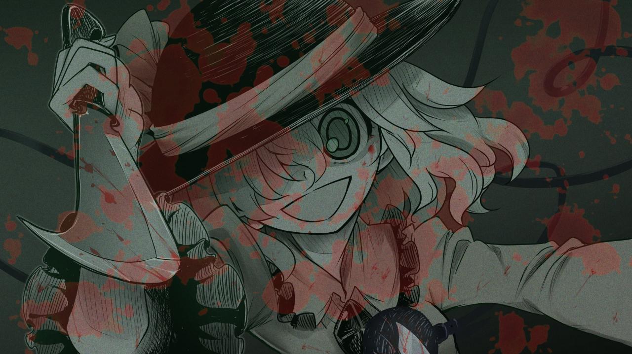 1girl, aiming, aiming_at_viewer, blood, blood_on_knife, blood_splatter, blood_stain, child