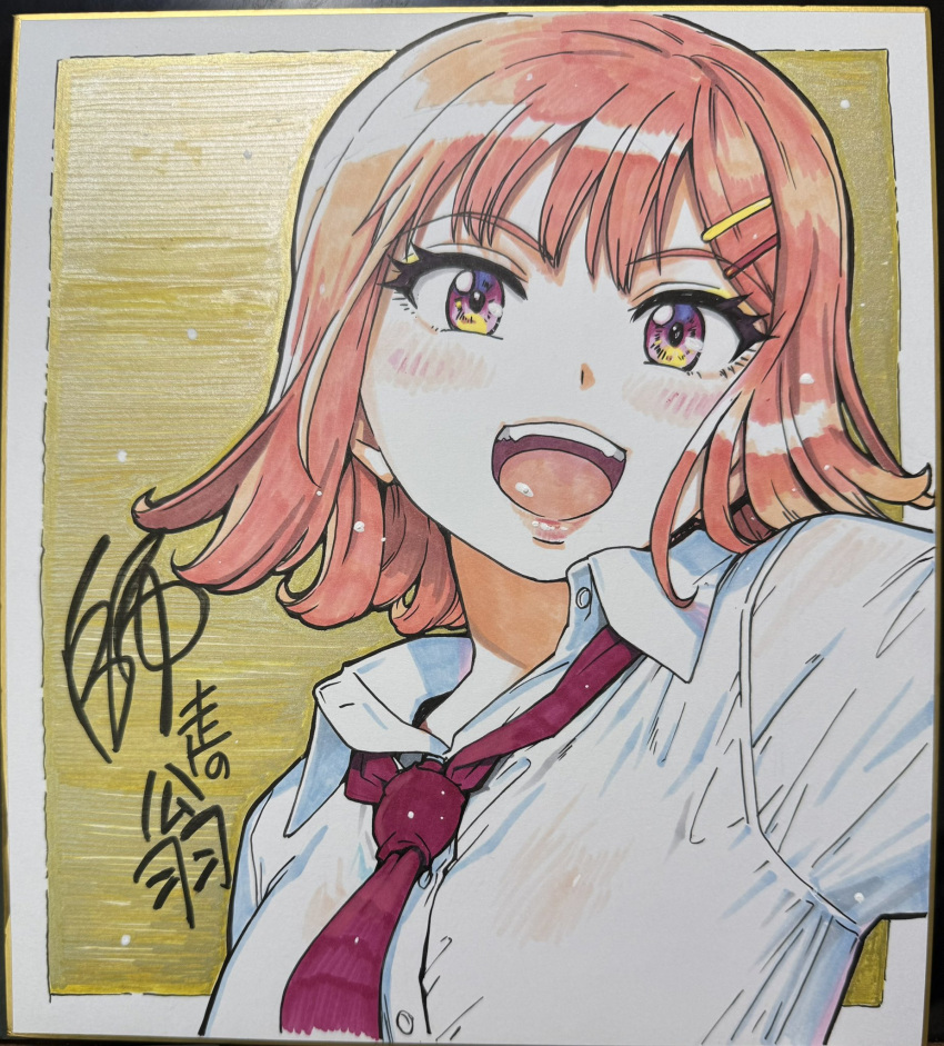 100-kai_furareta_zetsubou-teki_ni_motenai_ore_o_awarenda_kareshi_ari_onna_tomodachi_ga_nandemo_eroi_koto_yarasete_kureta!!, 1girl, ayase_riho, blush, blushing_female, character_request, colorized, gold_background, hair_ornament, hairclip, head_tilt, highres, looking_at_viewer, medium_hair, multicolored_eyes, necktie, open_mouth, orange_hair, pale_skin, pink_lips, red_necktie, shikishi, shirt, shiwasu_no_okina, sign, signature, smile, solo, summer_uniform, teeth, traditional_media, white_shirt, yellow_background