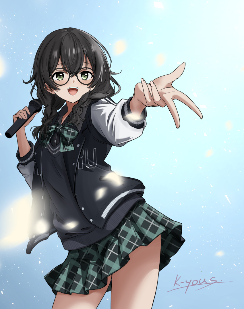 1girl, :d, artist_name, black-framed_eyewear, black_hair, black_jacket, black_shirt, black_sweater_vest, blue_background, bow, bowtie, braid, commentary_request, glasses, green_bow, green_bowtie, green_eyes, green_skirt, hanakuma_chifuyu, hands_up, highres, holding, holding_microphone, jacket, k-yous, long_hair, microphone, miniskirt, open_clothes, open_jacket, open_mouth, outstretched_arm, plaid_bow, plaid_bowtie, plaid_clothes, plaid_skirt, pleated_skirt, shirt, skirt, smile, solo, sweater_vest, synthesizer_v, teeth, twin_braids, upper_teeth_only
