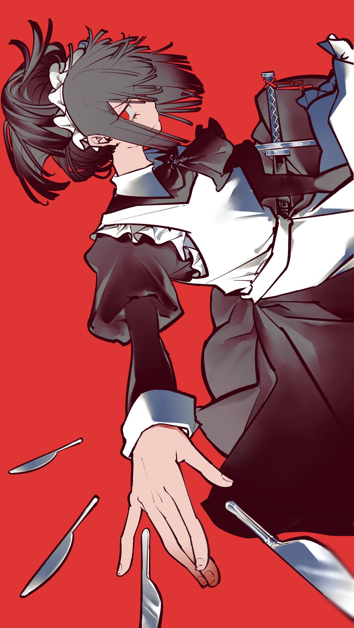 1girl, apron, ascot, black_ascot, black_dress, black_hair, dress, highres