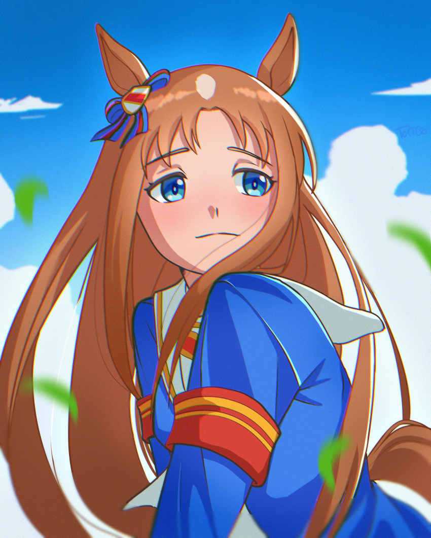 1girl, absurdres, animal_ears, armband, blue_eyes, blue_jacket, blue_sky, blush