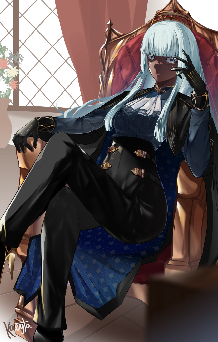 1girl, absurdres, ascot, black_gloves, black_jacket, black_pants, blunt_bangs, brigitta_(metaphor:_refantazio), commentary, crossed_legs, dark-skinned_female, dark_skin, english_commentary, facial_mark, gloves, grey_eyes, highres, hime_cut, indoors, jacket, jacket_on_shoulders, kirigayawin, lips, long_hair, looking_at_viewer, metaphor:_refantazio, pants, signature, sitting, solo, throne, white_ascot, white_hair, window