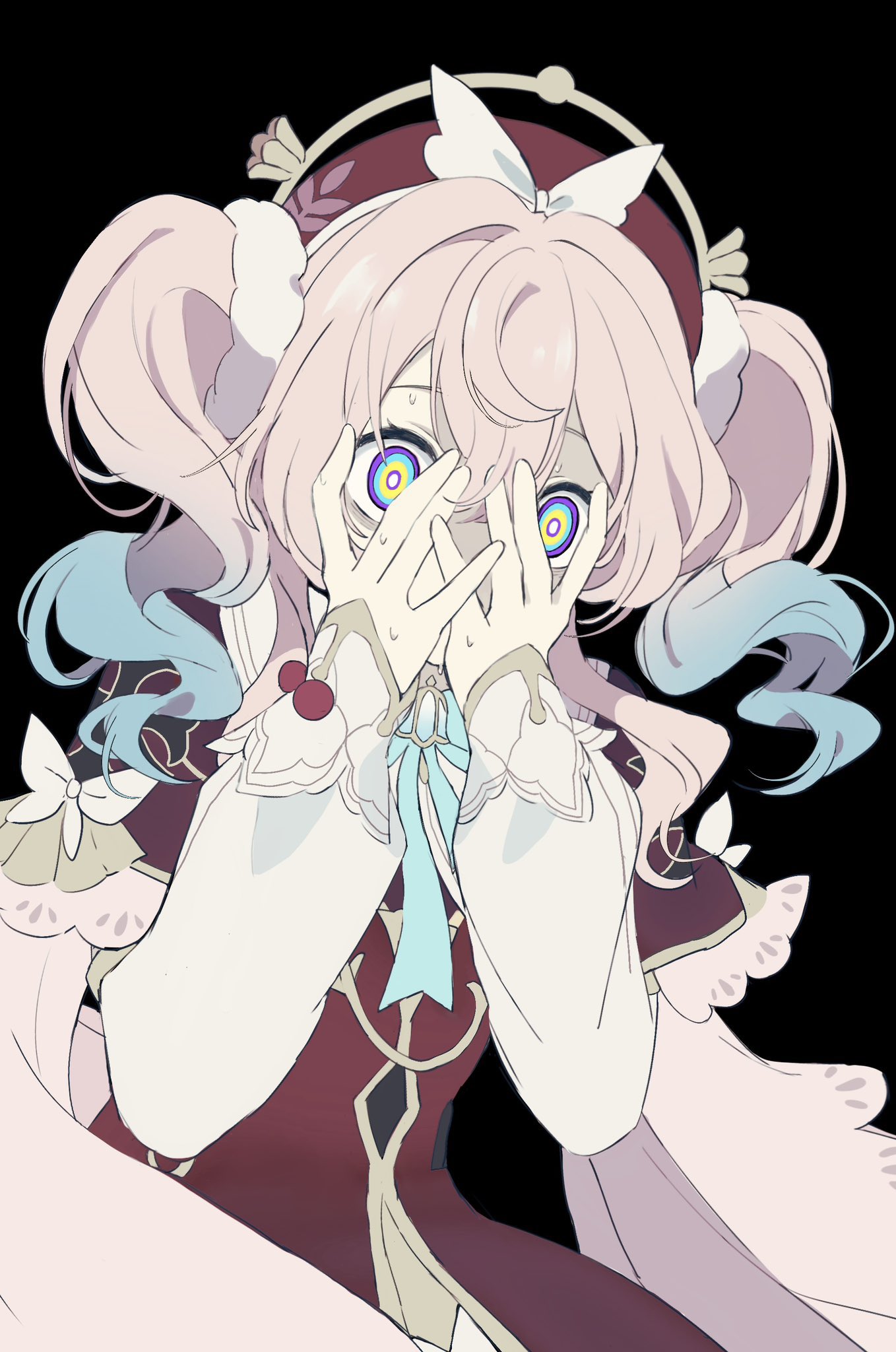 1girl, aqua_hair, beret, black_background, covering_face, dress, gradient_hair, hair_between_eyes