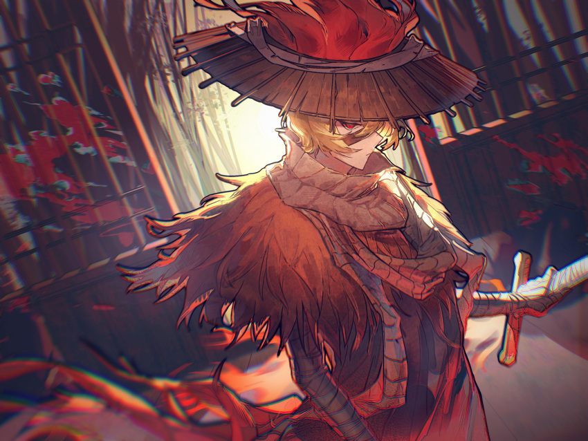 1boy, architecture, backlighting, bandage_on_face, bandaged_arm, bandages, blonde_hair, blood