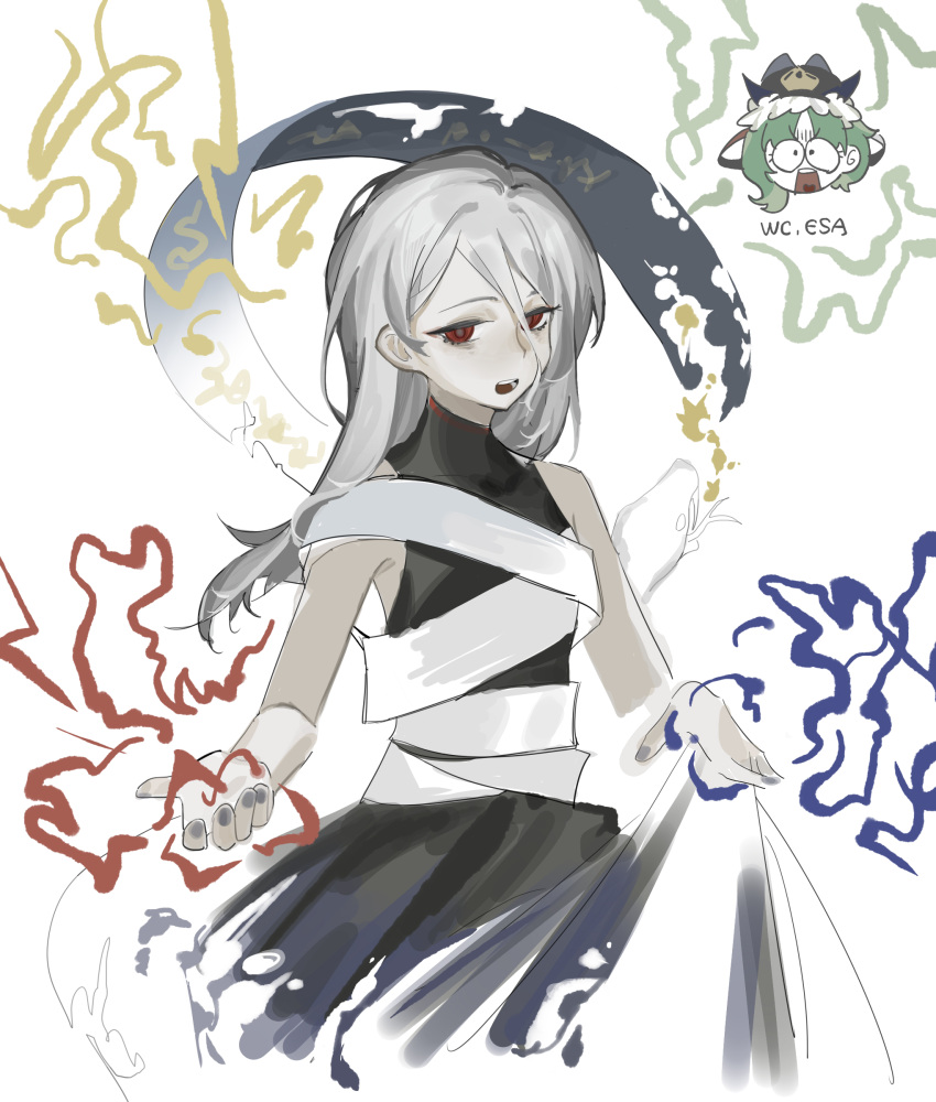 2girls, absurdres, black_dress, breasts, chibi, clothes_lift, dress, dress_lift, fingerless_gloves, fossilized_wonders, gloves, green_hair, grey_hair, grey_nails, hair_between_eyes, highres, long_hair, long_hair_between_eyes, looking_at_viewer, lubianshi1, multiple_girls, open_mouth, red_eyes, ribbon_around_body, shiki_eiki, sleeveless, sleeveless_dress, snake, teeth, touhou, white_background, yuiman_asama