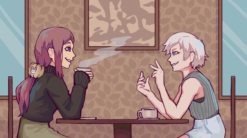 2girls, alternate_costume, black_shirt, black_sweater, blue_eyes, brown_hair, chair, commentary