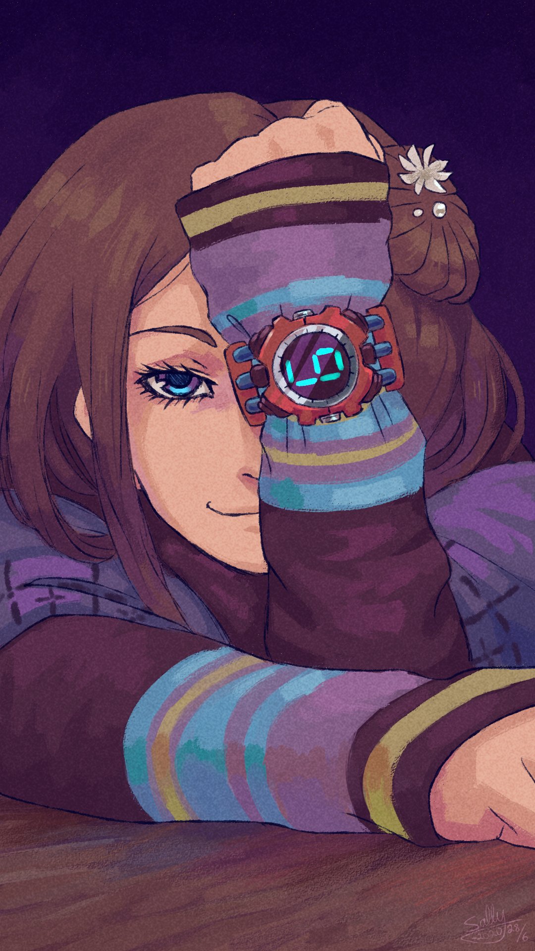 1girl, brown_hair, clenched_hand, closed_mouth, commentary, english_commentary, eyelashes, flower