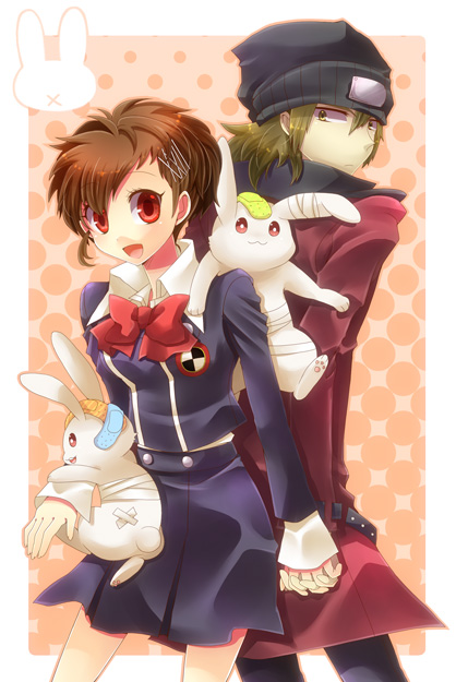 1girl, animal, aragaki_shinjirou, bandage, bandages, bandaid, beanie, brown_eyes, brown_hair, bunny, couple, female_protagonist_(persona_3), hand_holding, hat, holding_hands, looking_back, open_mouth, persona, persona_3, persona_3_portable, rabbit, red_eyes, school_uniform, shooting-star, smile, trench_coat, trenchcoat