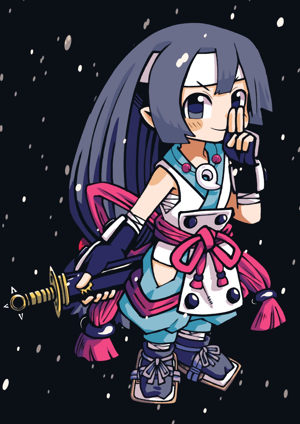 1girl, aqua_pants, baggy_pants, bandages, batchgooya, black_background, black_eyes, black_gloves