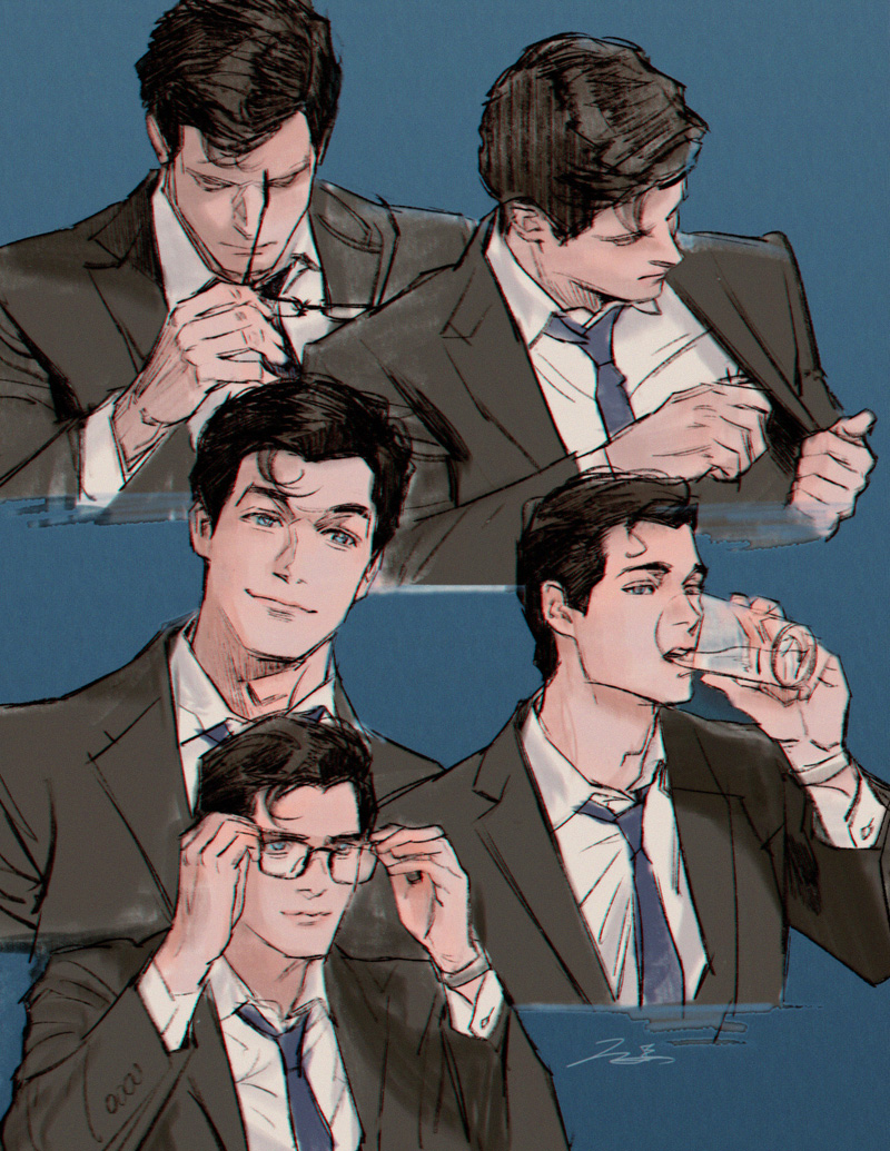 1boy, arm_up, black-framed_eyewear, black_hair, black_jacket, blue_background, clark_kent, closed_eyes