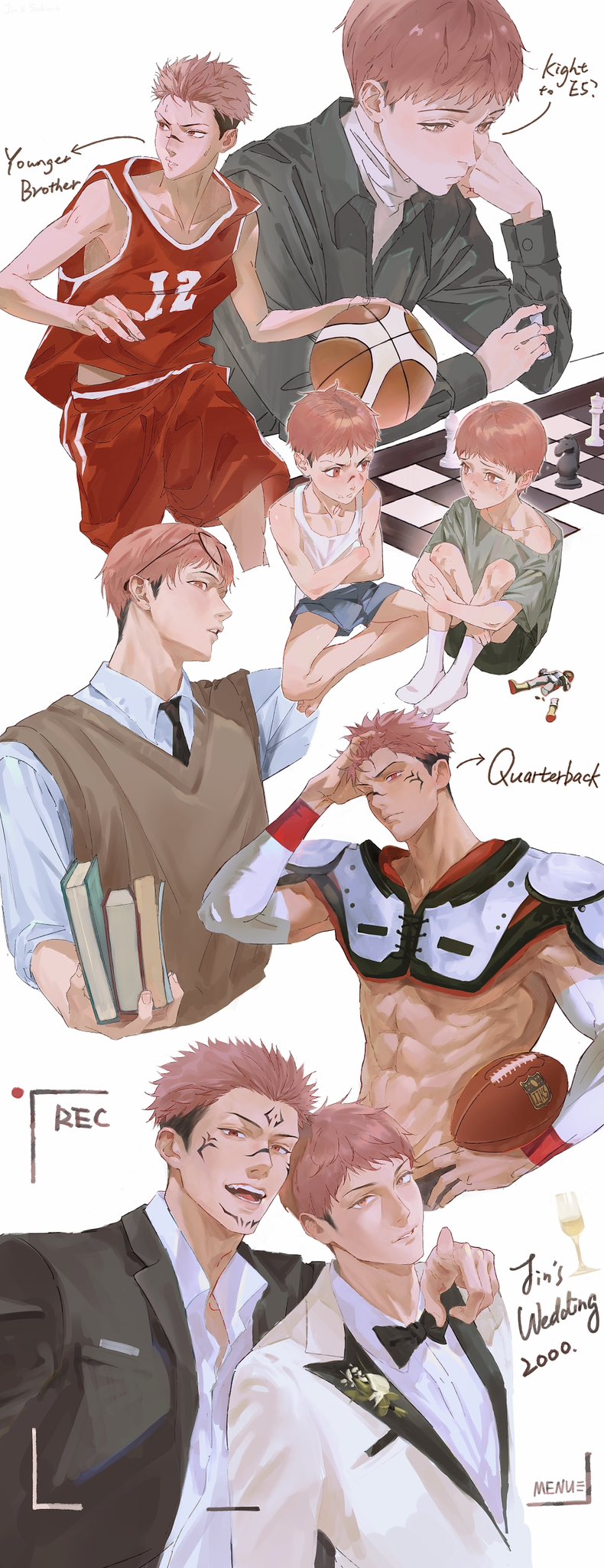 2boys, abs, aged_down, aged_up, alternate_costume, alternate_hairstyle, american_football_(object), american_football_uniform