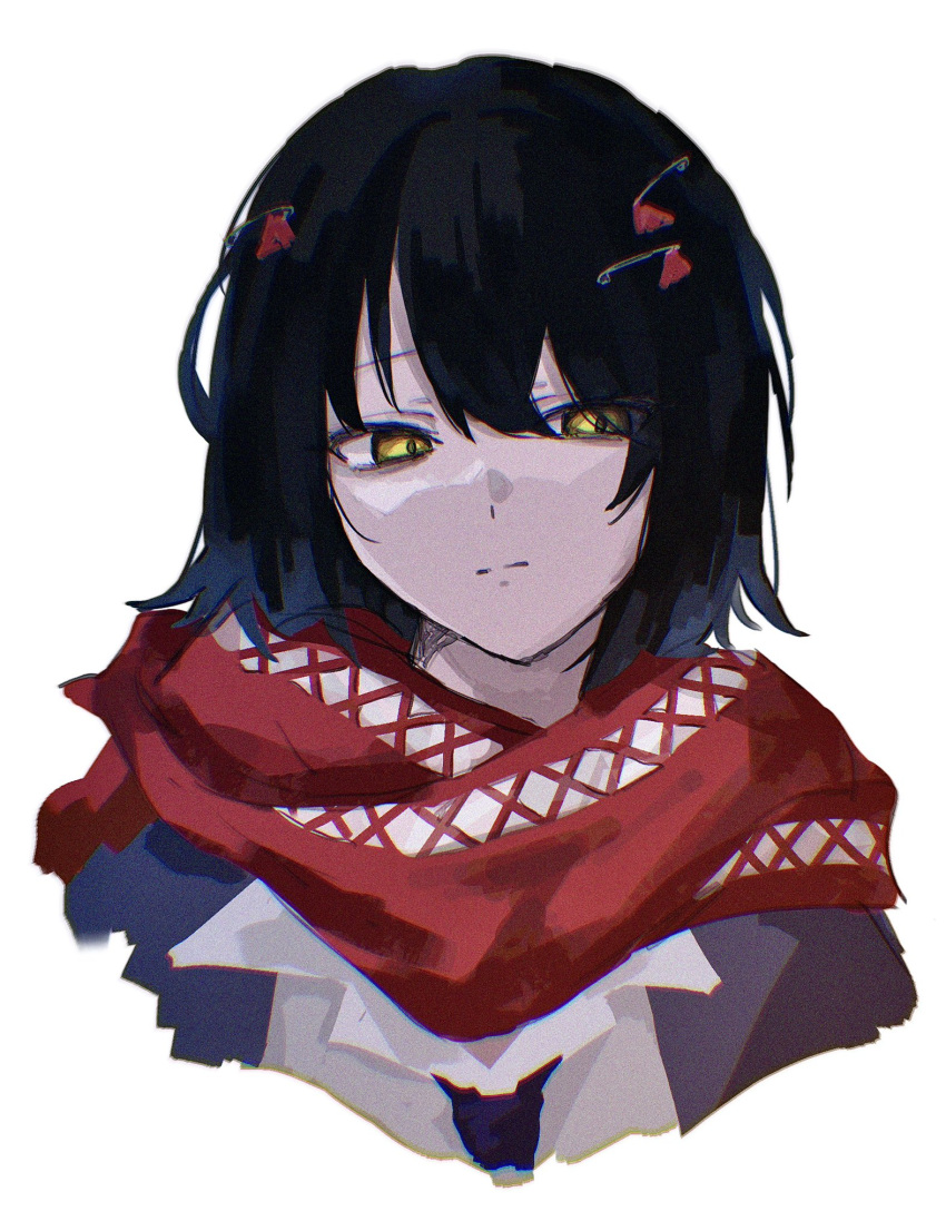 1boy, black_hair, closed_mouth, cropped_torso, expressionless, highres, looking_to_the_side, male_focus, mashiro_meme, nijisanji, ramoredo, red_scarf, safety_pin_hair_ornament, scarf, short_hair, sideways_glance, simple_background, solo, white_background, yellow_eyes
