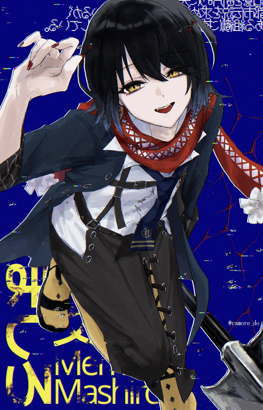 1boy, absurdres, androgynous, arm_up, black_hair, black_pants, blue_coat, coat