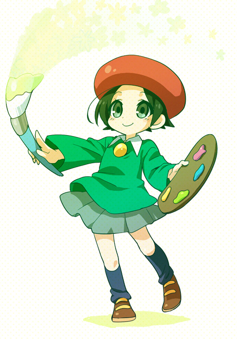 1girl, adeleine, beret, black_hair, black_socks, brown_shoes, grey_skirt, hat