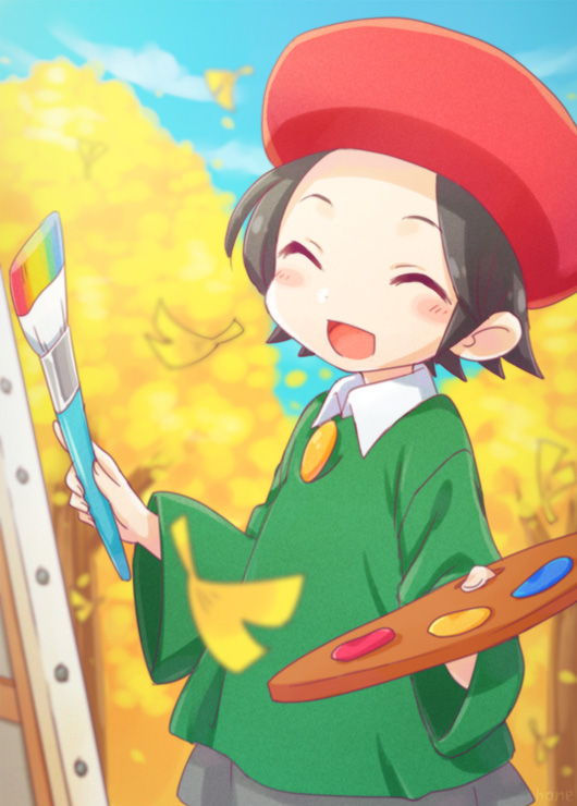 1girl, adeleine, beret, canvas_(object), closed_eyes, hat, holding, holding_paint_palette, holding_paintbrush, hone_(sky_cubes), kirby_(series), kirby_64, open_mouth, paint_palette, paintbrush, red_hat, smile, smock, tree