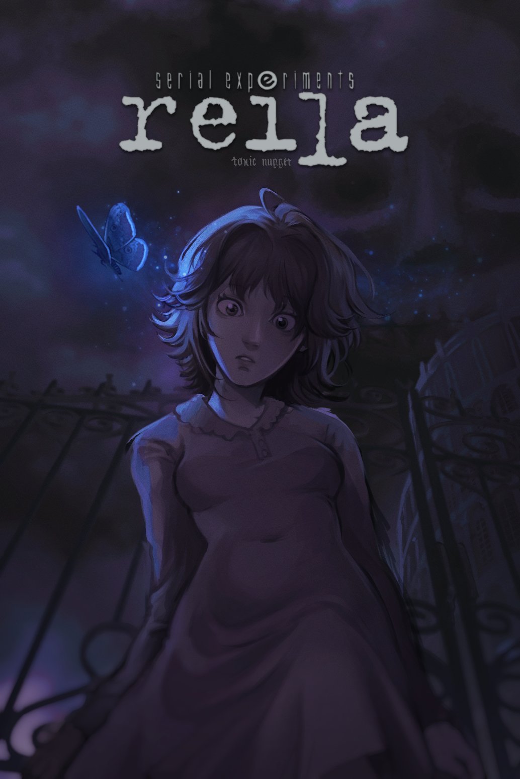 1girl, artist_name, blue_butterfly, brand_name_imitation, breasts, brown_hair, bug, butterfly, character_name, commentary, covered_navel, dress, fear_&amp;_hunger_(series), fear_&amp;_hunger_2:_termina, fence, from_below, highres, long_sleeves, looking_at_viewer, looking_down, night, night_sky, parted_lips, pink_dress, poster_parody, reila_(fear_&amp;_hunger), rher_(fear_&amp;_hunger), serial_experiments_lain, short_hair, sky, small_breasts, solo, symbol-only_commentary, toxic_nugget